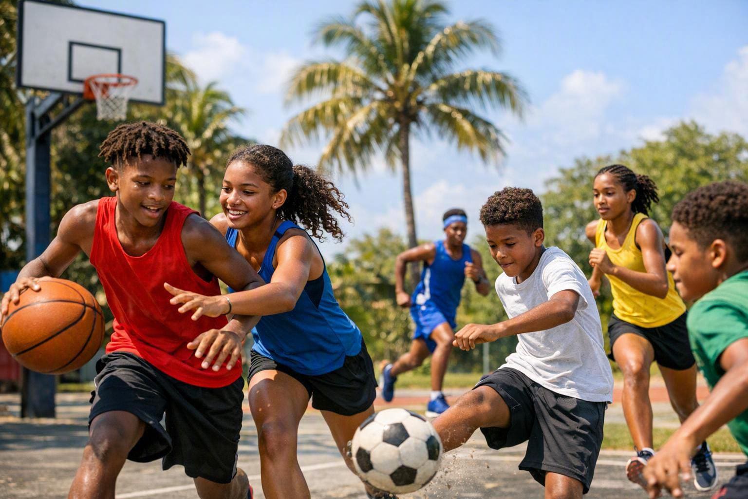 Jeunes sportifs sur un playground en Martinique