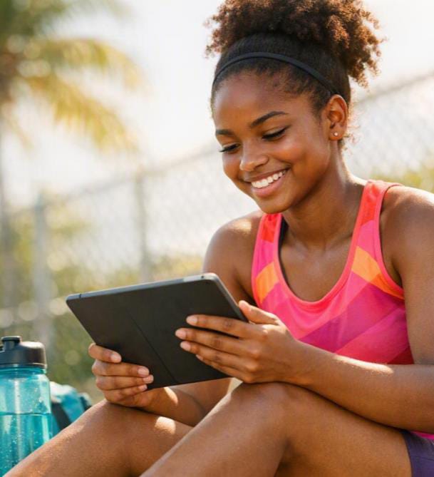 Une adolescente révise sur sa tablette en extérieur