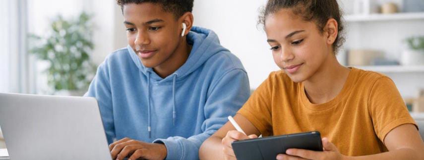 Deux adolescents révisent ensemble sur une tablette